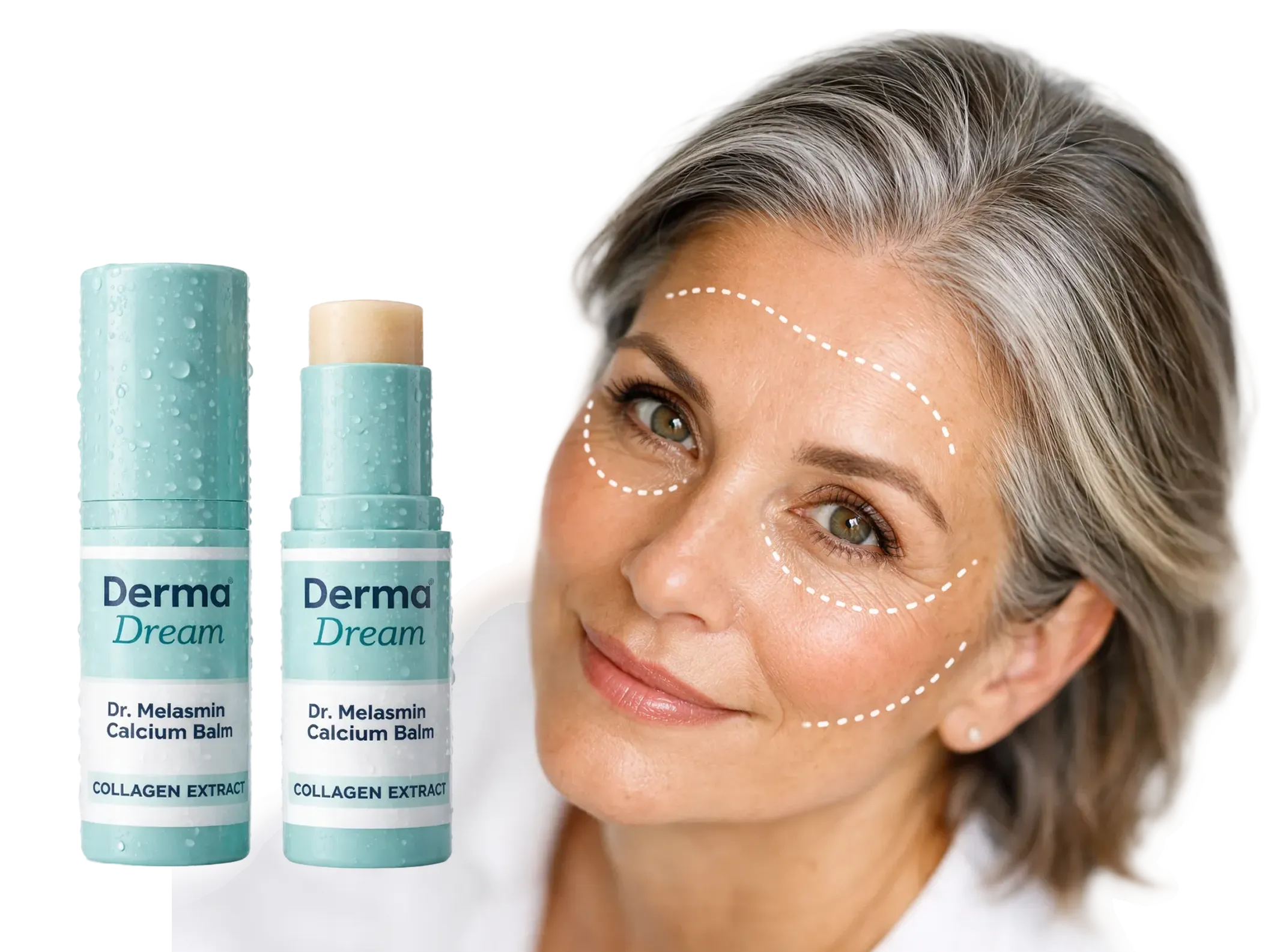 DermaDream Dr. Melasmin Calcium Balm sticks beside a model