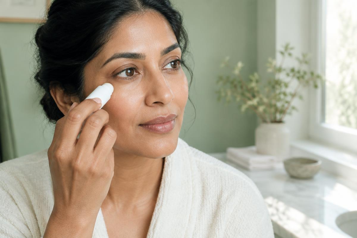 Woman applying a facial balm beneath her eye