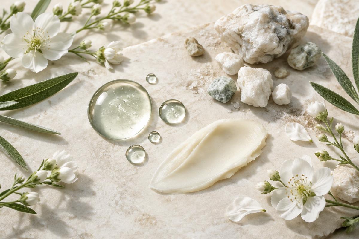 Editorial arrangement representing balm, moisture and mineral ingredients